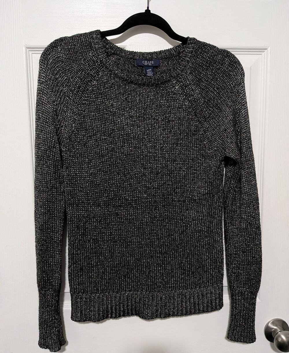 Chaps Black & Silver Metallic Knit Crewneck Sweater Women's Size Small Shimmer